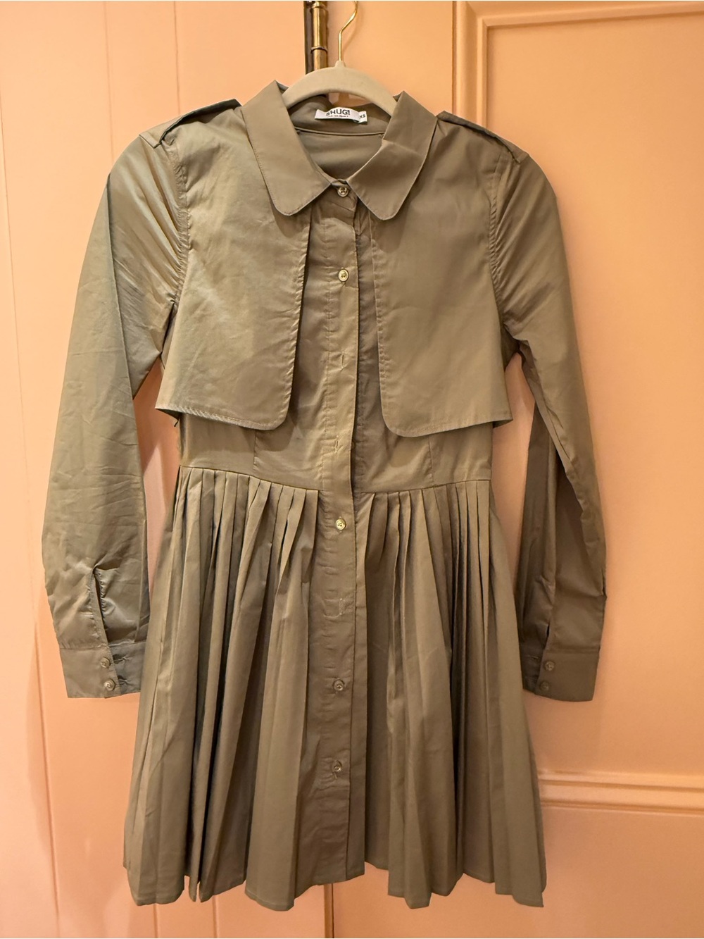 Pleated Button-Front Shirt Dress in Olive by Shug